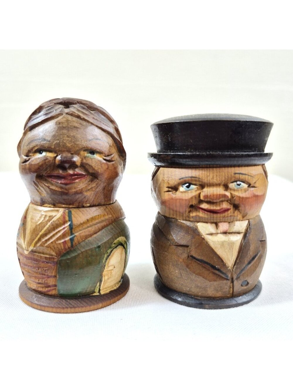 Hand-Carved Wooden Salt & Pepper Shakers Man & Woman 3" Vintage Decor